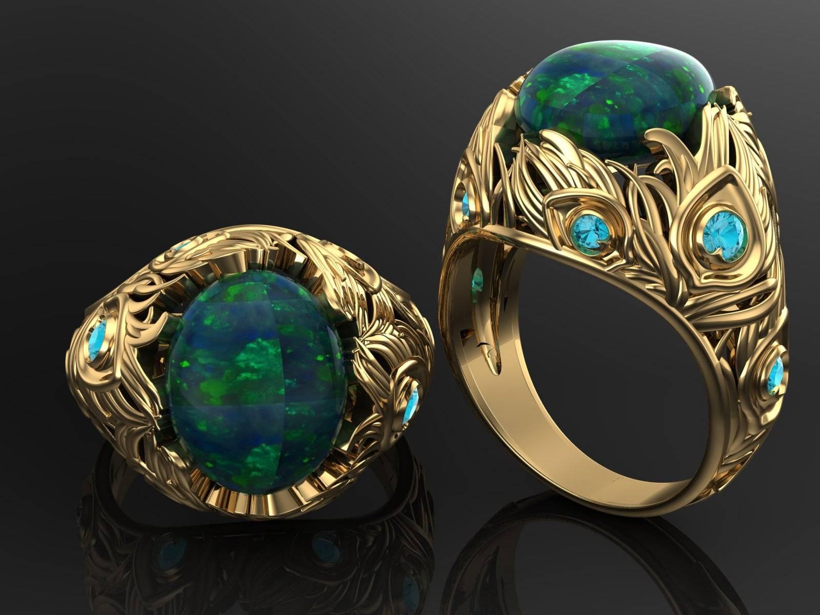 Oval Cut 3.82 Carat Black Opal with Paraiba Tourmaline Peacock Ring in 18K Yellow Gold