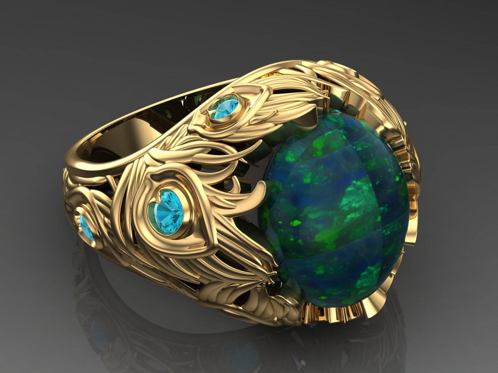 3.82 Carat Black Opal with Paraiba Tourmaline Peacock Ring in 18K Yellow Gold 1