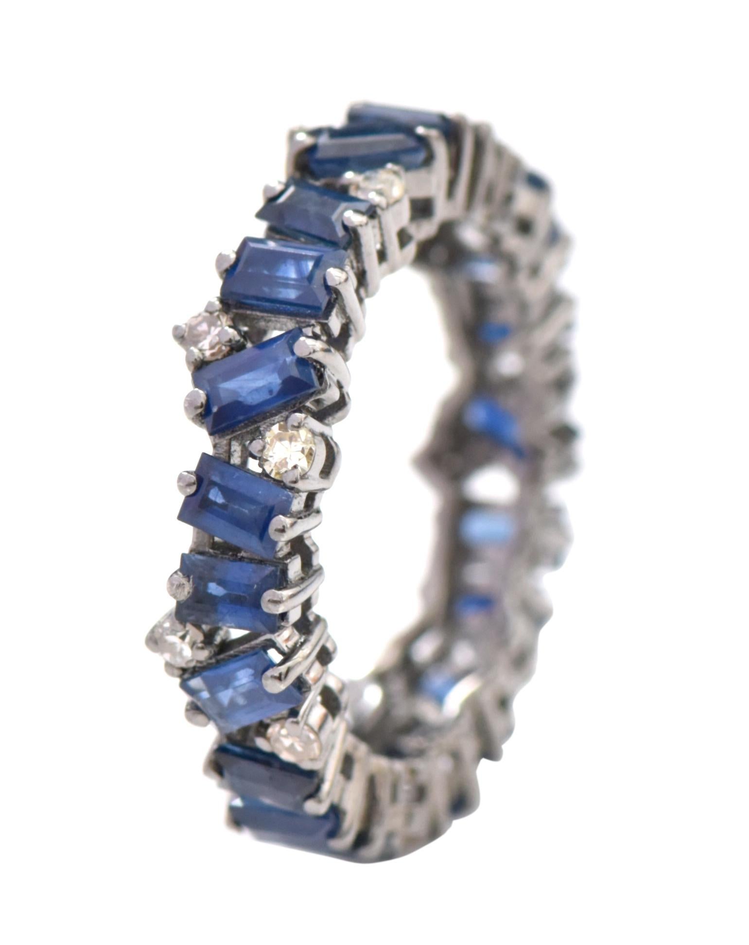 Baguette Cut 3.82 Carat Blue Sapphire and Diamond Eternity Band Ring in Victorian Style