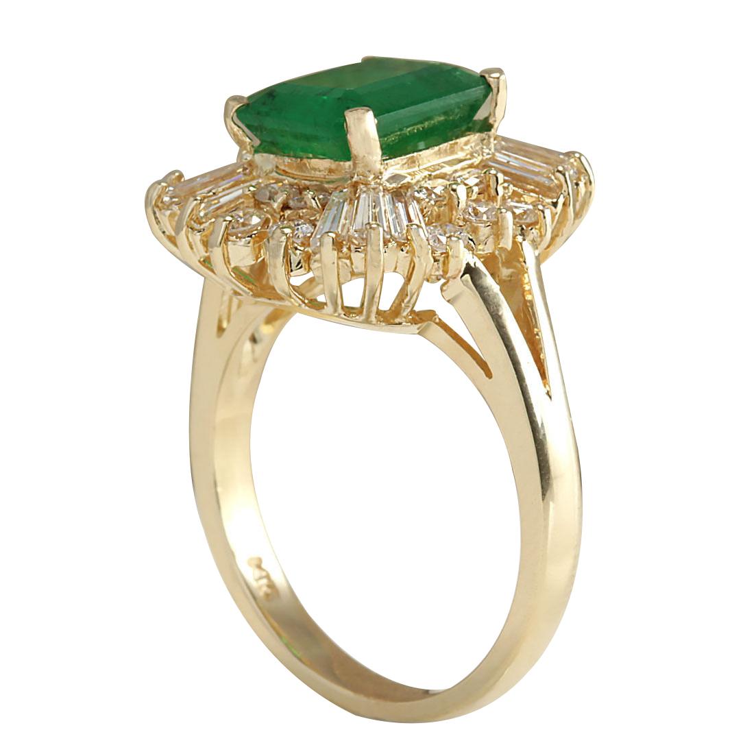 Emerald Cut 3.82 Carat Natural Emerald 14 Karat Yellow Gold Diamond Ring For Sale