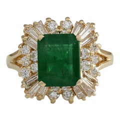 3.82 Carat Natural Emerald 14 Karat Yellow Gold Diamond Ring