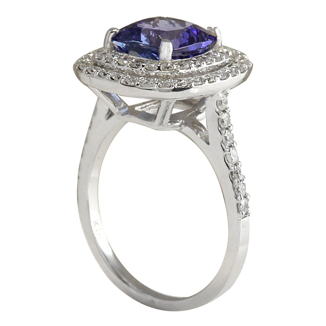 Cushion Cut Tanzanite Diamond Ring In 14 Karat White Gold For Sale