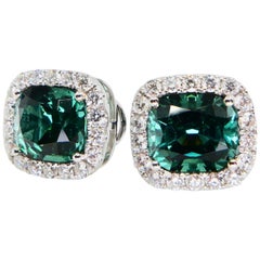3.82 Carat Natural Vivid Green Tourmaline and Diamond Stud Earrings