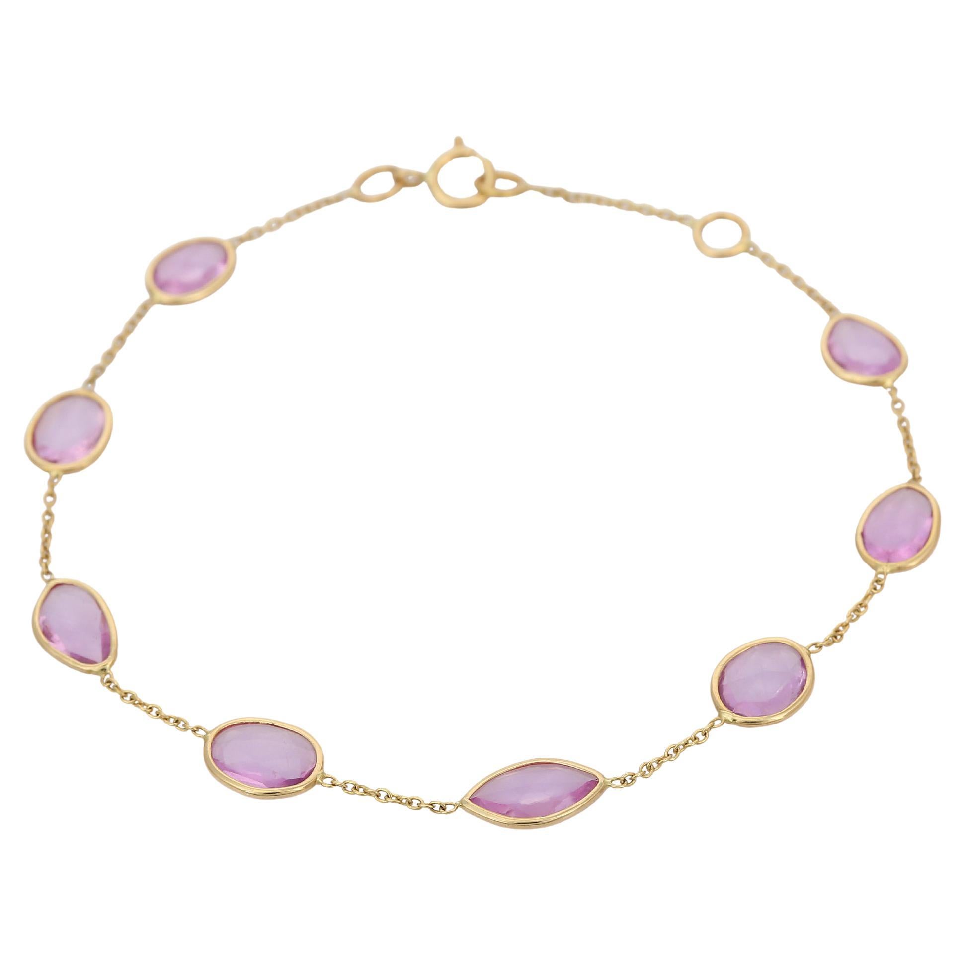 3.82 Carat Pink Sapphire Chain Bracelet in 18 Karat Yellow Gold For Sale
