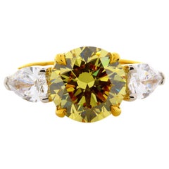 3.82 Carat Round Natural Fancy Deep Yellow VVS2 3-Stone Ring 22 Karat Gold Plat