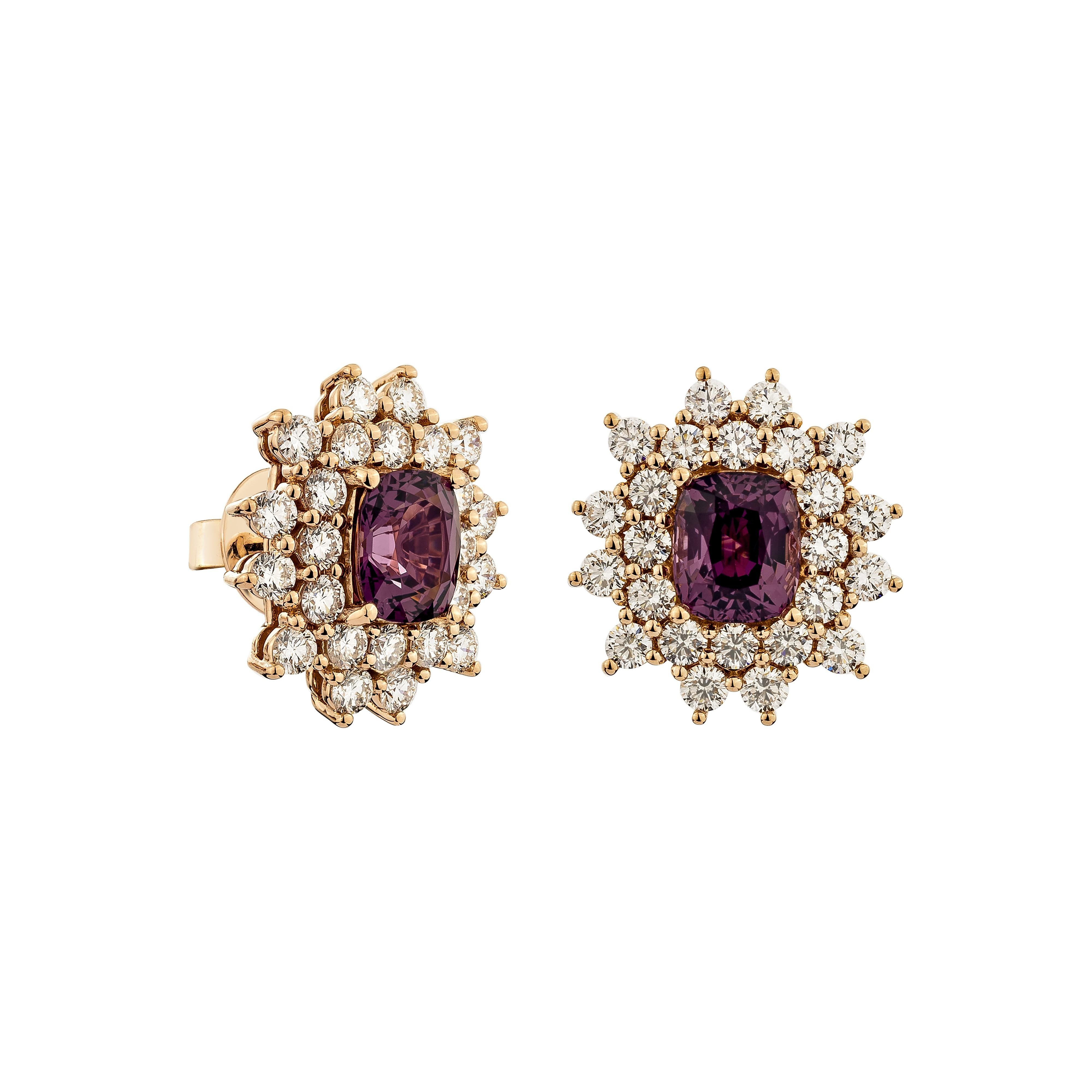 Light and easy to wear these earrings showcase cushion cut spinel accented with diamonds. These earrings are dainty yet have a great pop of color from the vibrant gems.

Spinel stud Earrings in 18Karat Rose Gold with White Diamond.

Spinel: 3.82
