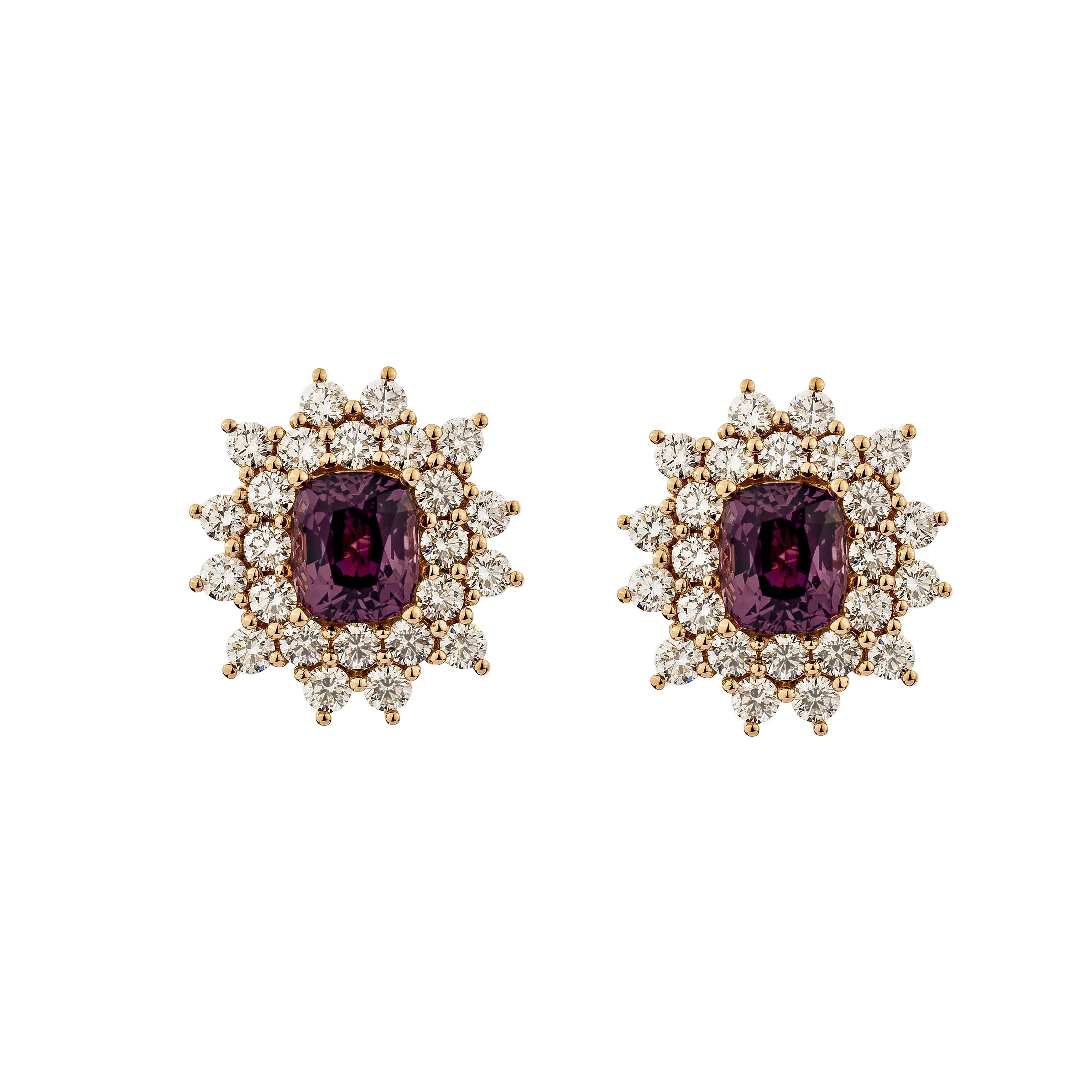 Contemporary 3.82 carat Spinel stud Earrings in 18Karat Rose Gold with White Diamond. For Sale