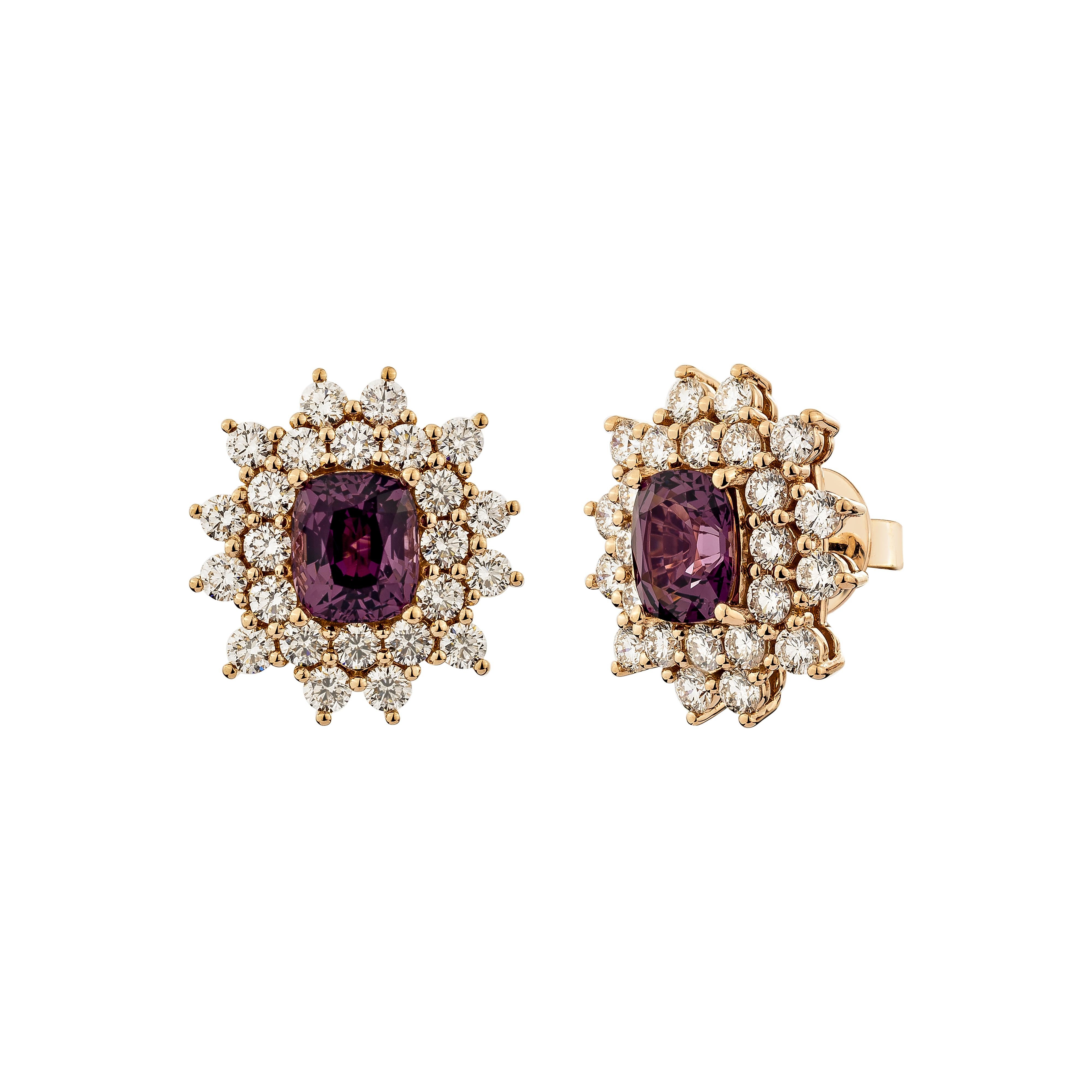 Cushion Cut 3.82 carat Spinel stud Earrings in 18Karat Rose Gold with White Diamond. For Sale