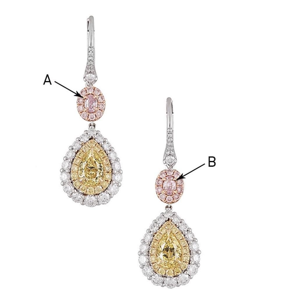 Mixed Cut 3.82 Ct T.W. GIA Certified Natural Fcy Yellow and Pink Diamond Earrings ref1072 For Sale