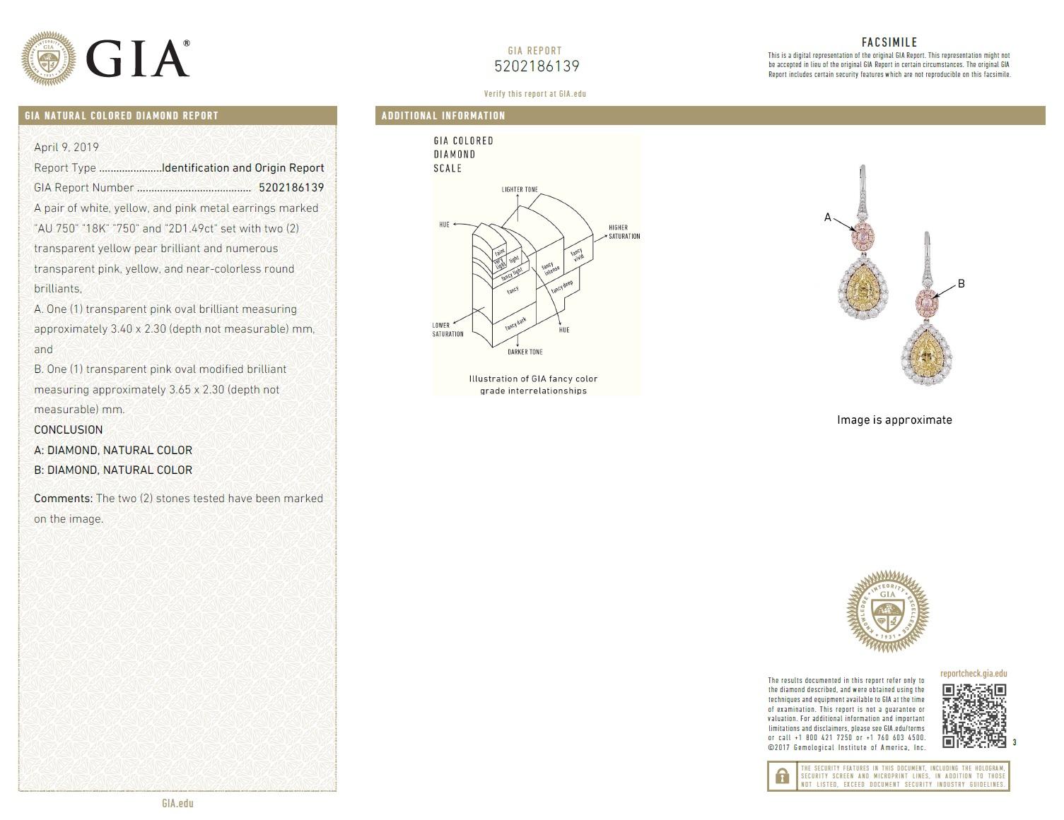 3.82 Ct T.W. GIA-zertifizierte Ohrringe mit gelben und pinkfarbenen Diamanten ref1072 im Zustand „Neu“ im Angebot in New York, NY