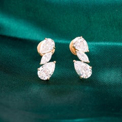 3.82 Carats Natural Three Stone Diamond Stud Earrings in 18K Yellow Gold