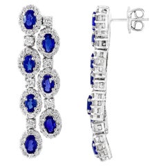 3.82 Carats Oval Cut Blue Sapphire Diamond Halo Dangle Earring in 14K White Gold
