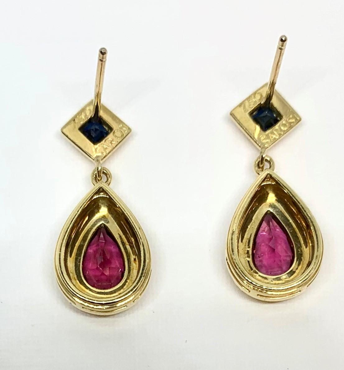 Artisan 3.82 Carat Pink Tourmaline and Sapphire 18k Yellow Gold Dangle Earrings