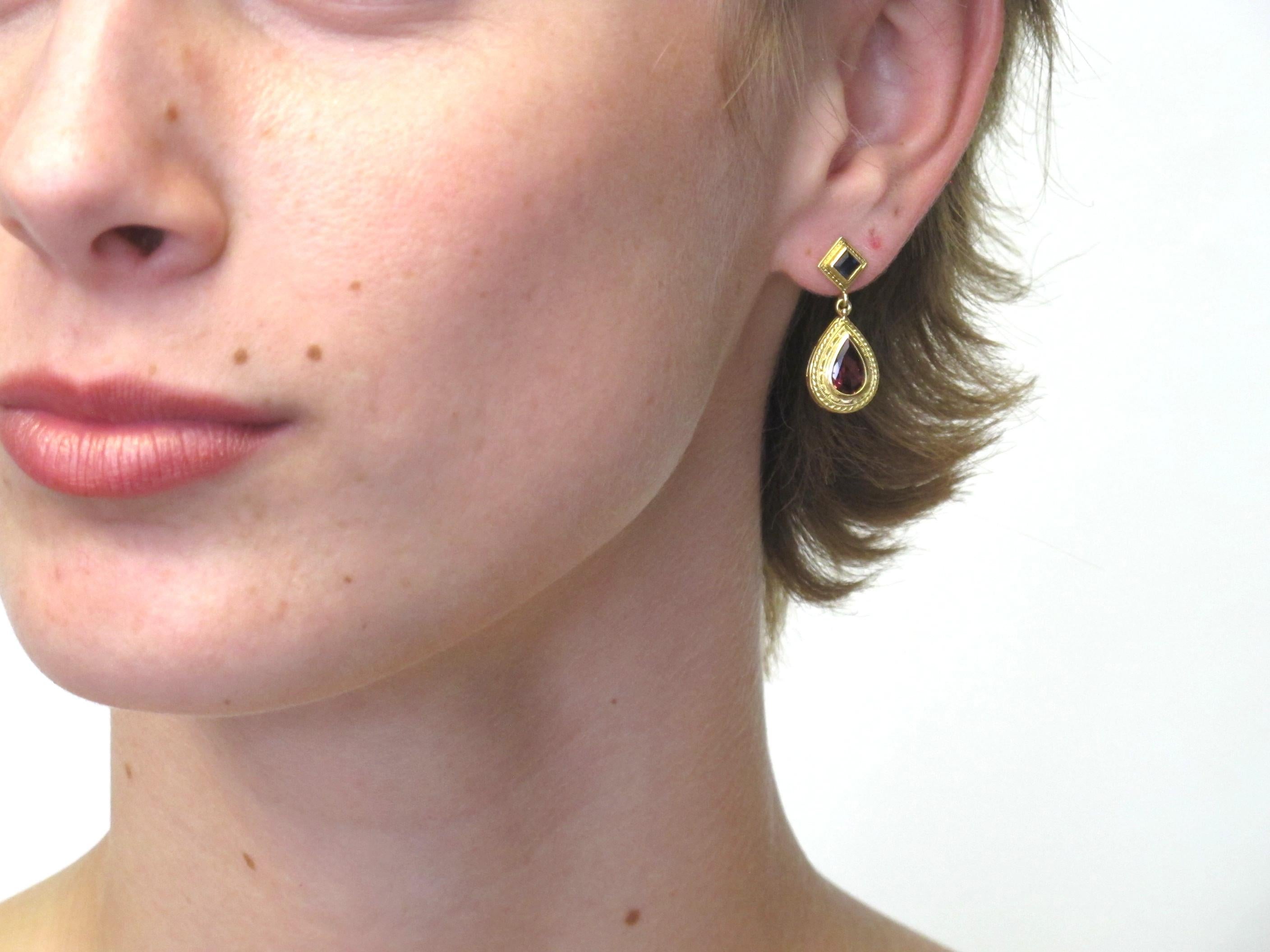 3.82 Carat Pink Tourmaline and Sapphire 18k Yellow Gold Dangle Earrings 2