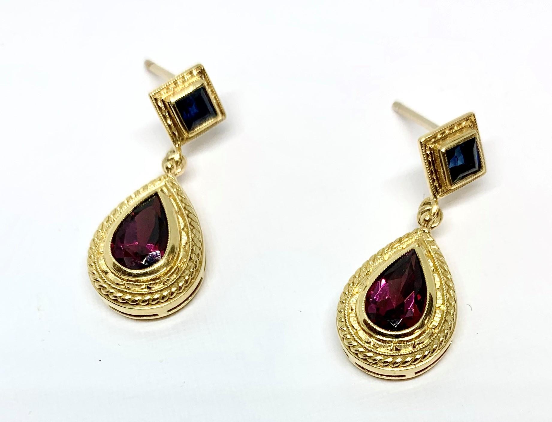 3.82 Carat Pink Tourmaline and Sapphire 18k Yellow Gold Dangle Earrings In New Condition In Los Angeles, CA