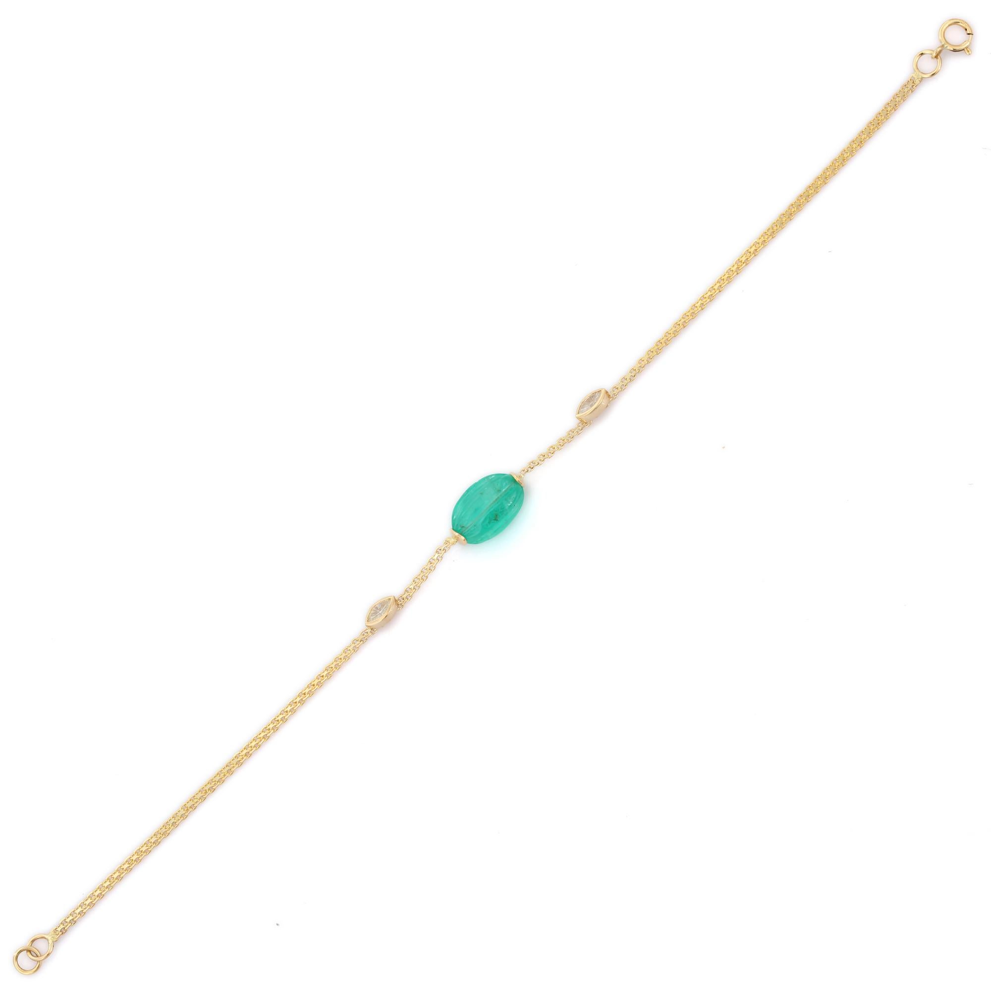 Modern 3.82 Ct Tumble Emerald and Diamond Dainty Chain Bracelet in 18k Yellow Gold