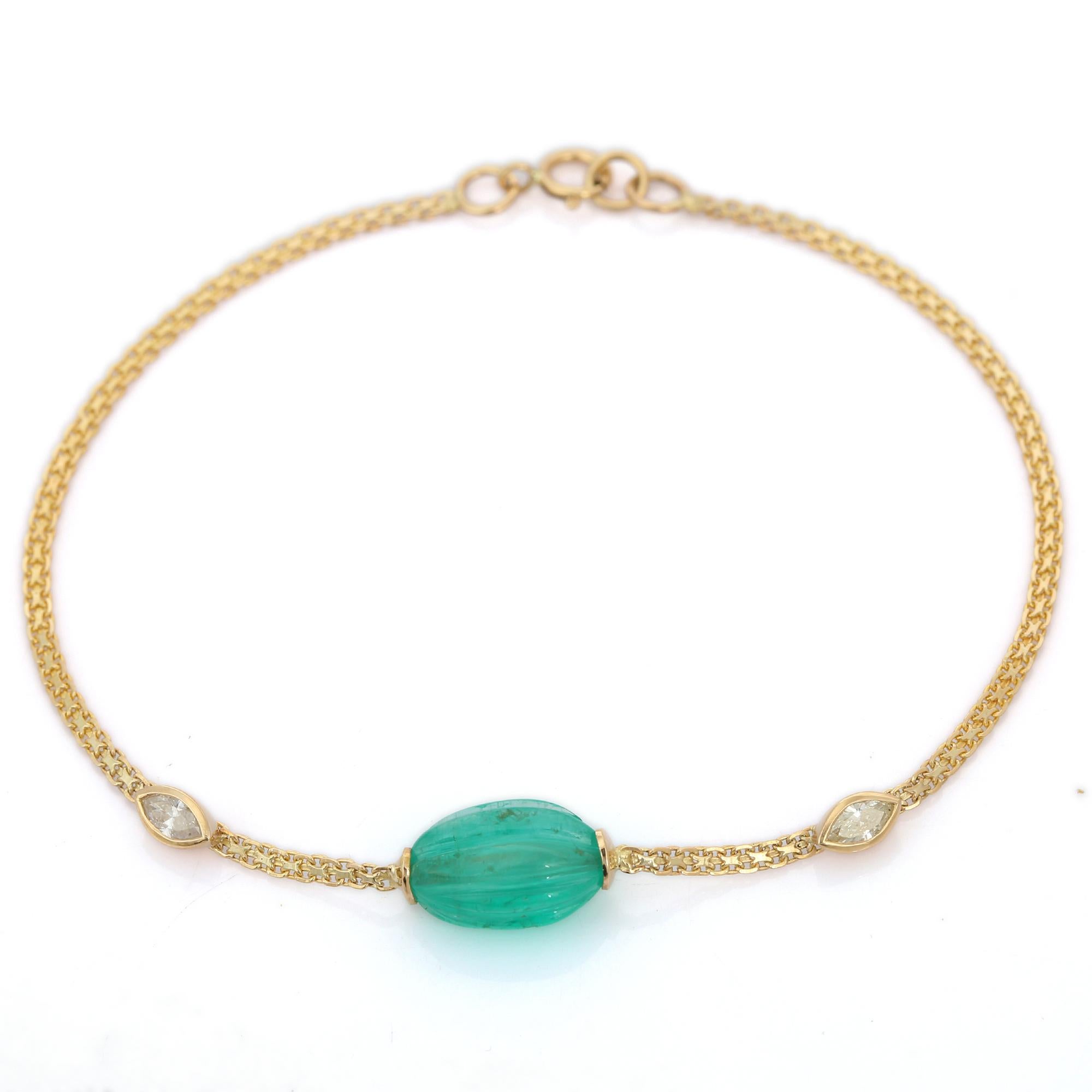 Tumbled 3.82 Ct Tumble Emerald and Diamond Dainty Chain Bracelet in 18k Yellow Gold