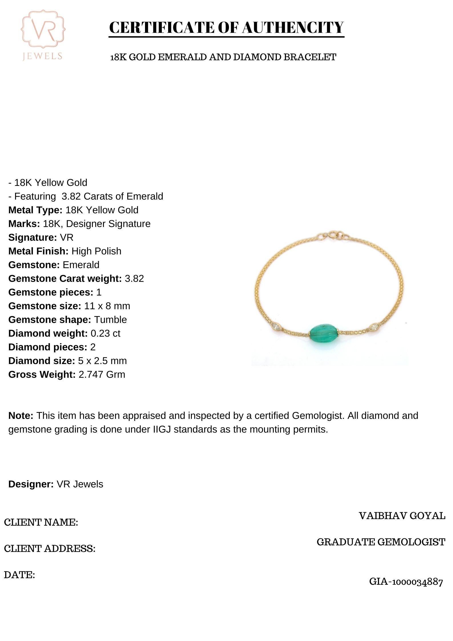 3.82 Ct Tumble Emerald and Diamond Dainty Chain Bracelet in 18k Yellow Gold In New Condition In New York, NY