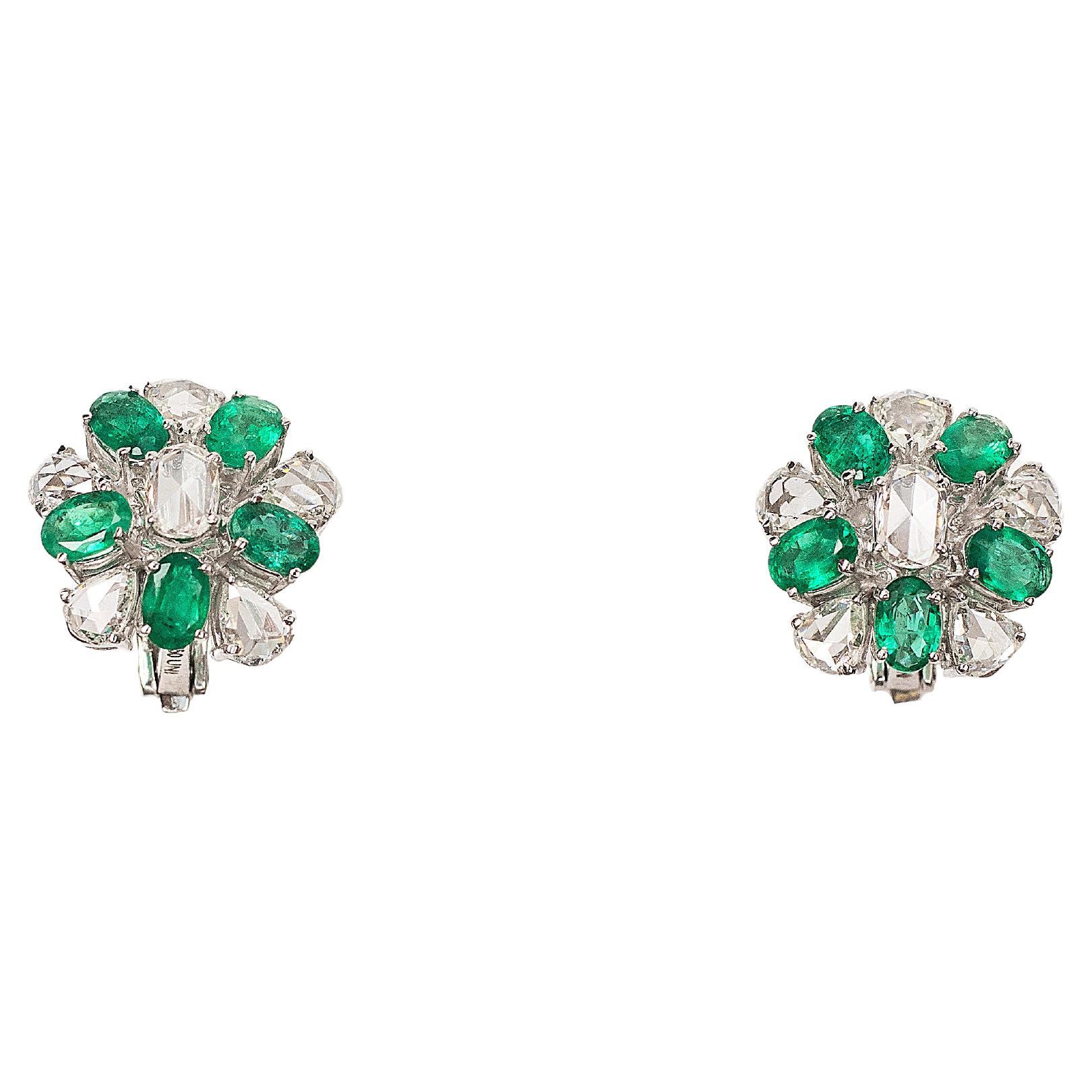 3.82 cts Rose Cut Diamonds And Natural Emerald Studs Earrings in 18K Gold For Sale