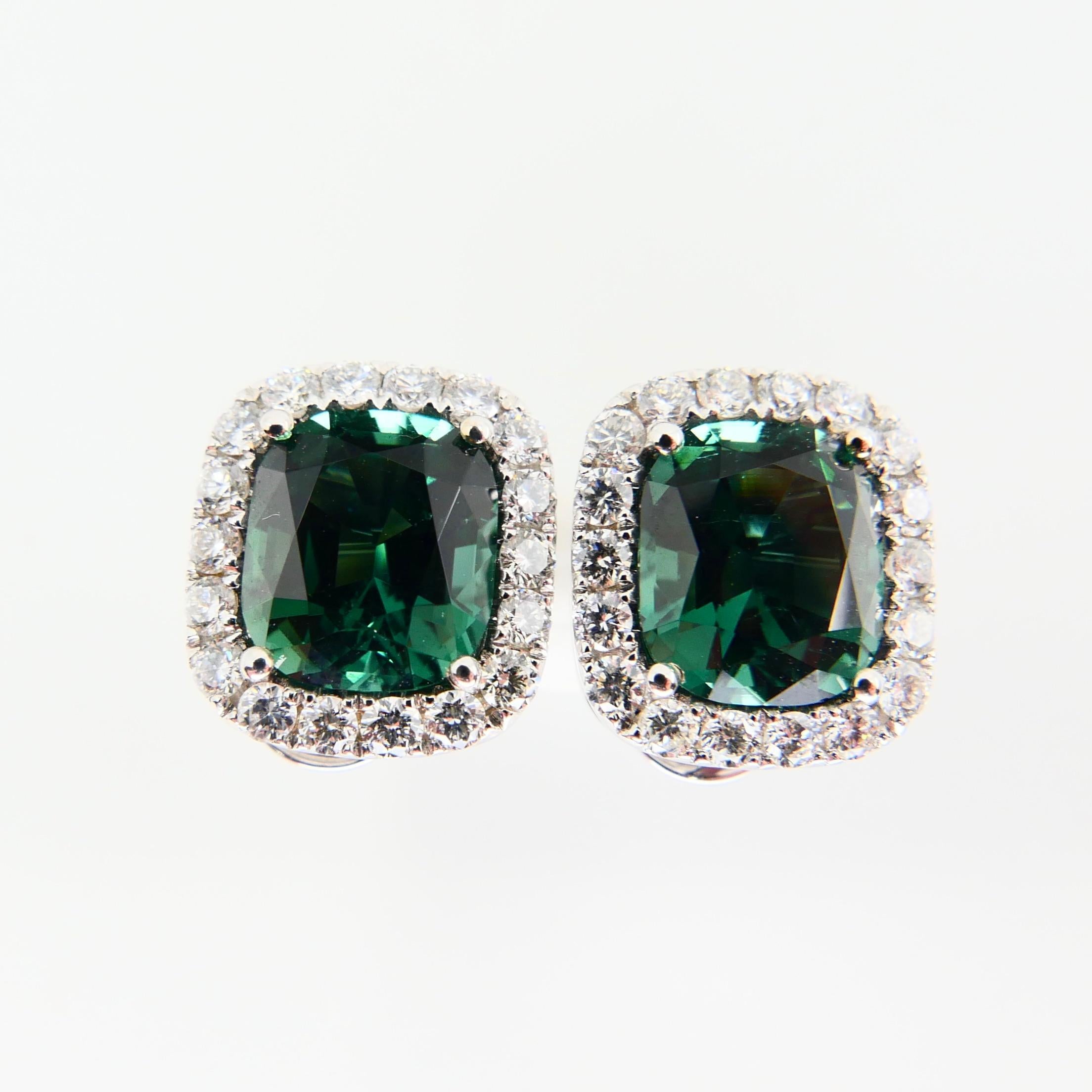 3.82 Carat Natural Vivid Green Tourmaline and Diamond Stud Earrings 1