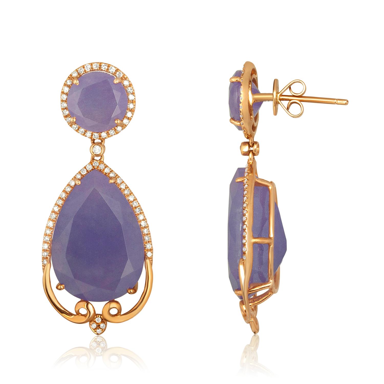 Purple Color Jade Earrings set in 14K Rose Gold surrounded by Diamonds
38.25ct of Purple Jade
0.44ct of Diamonds
The earrings measure 1.5