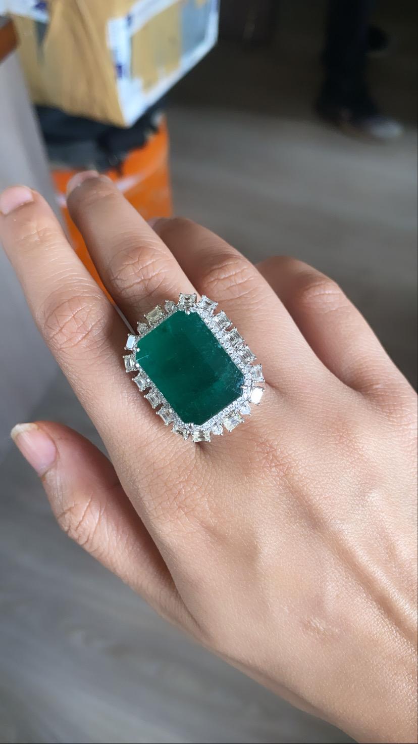 Emerald Cut 38.26 Carats, Natural Zambian Emerald & Diamonds Cocktail/ Engagement Ring