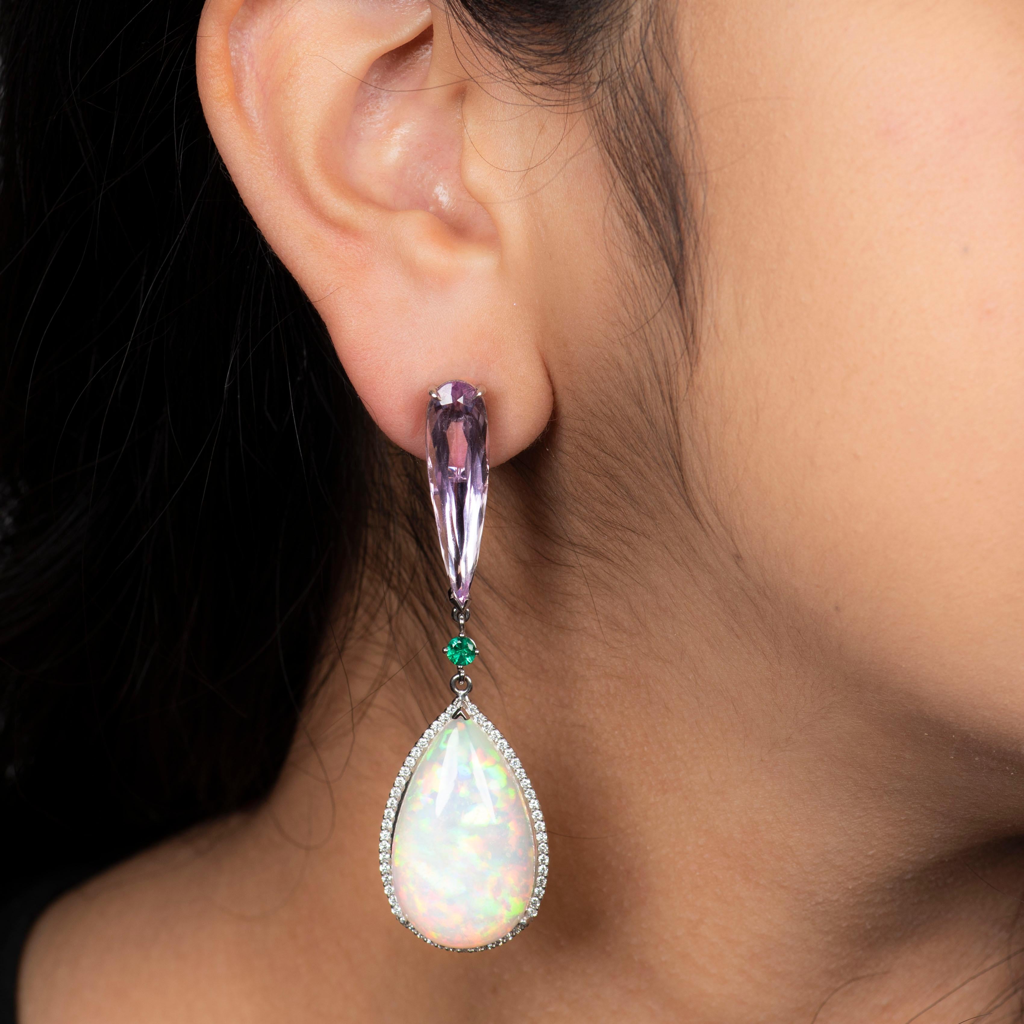 Custom, one-of-a-kind 38.28 Carat total weight of pear shaped opals with 0.90 carats of round brilliant cut diamonds surrounding the opals with omega clip backs. Along with 14.99 carat total weight of  tear drop shaped Pink Beryl (Morganite) & 0.31