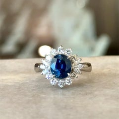3.82CT Blue Sapphire & Diamond Vintage 1970's Platinum Cocktail Ring GIA