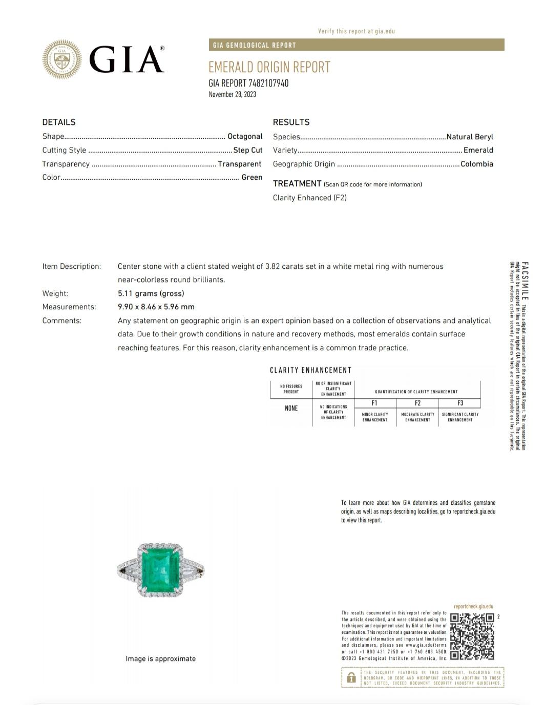 GIA Certified 3.82Ct Colombian Emerald Halo Ring in Platinum900 For Sale 2