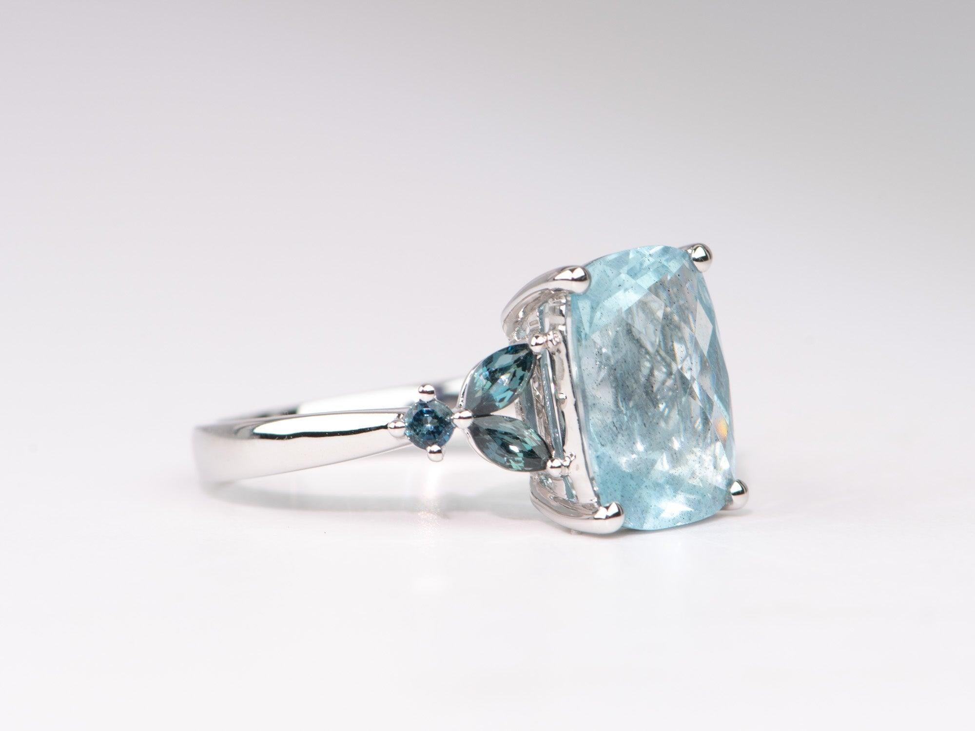 Uncut 3.82ct Moss Aquamarine with Montana Sapphire Leafy Sides Right Hand Ring