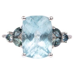 3.82ct Moss Aquamarine with Montana Sapphire Leafy Sides Right Hand Ring
