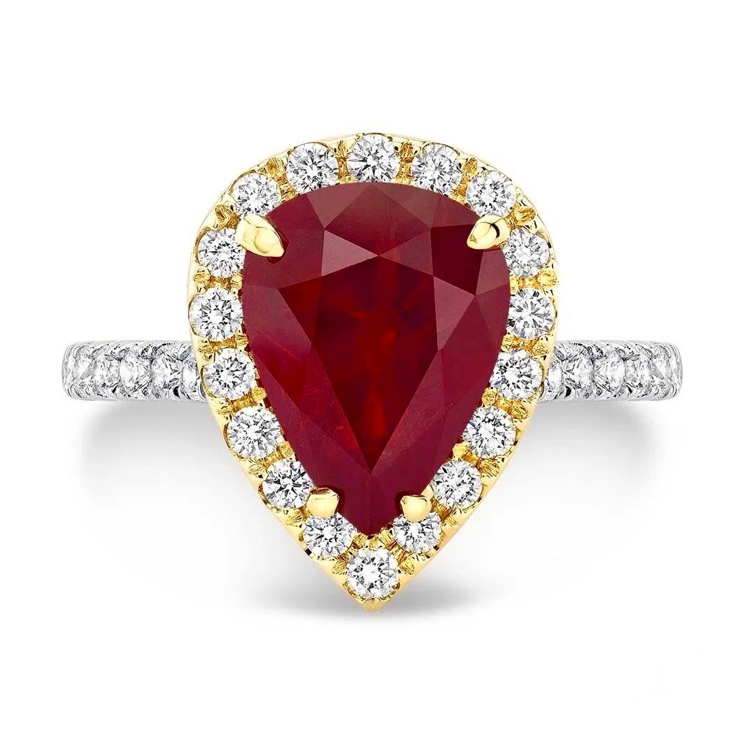 Modern 3.82ct pear-shaped, Burma ruby ring. GIA certified.  For Sale