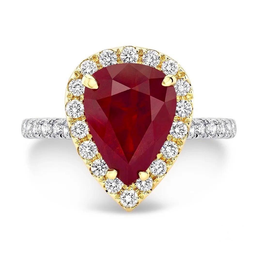 Modern 3.82ct pear-shaped, Burma ruby ring. GIA certified. For Sale
