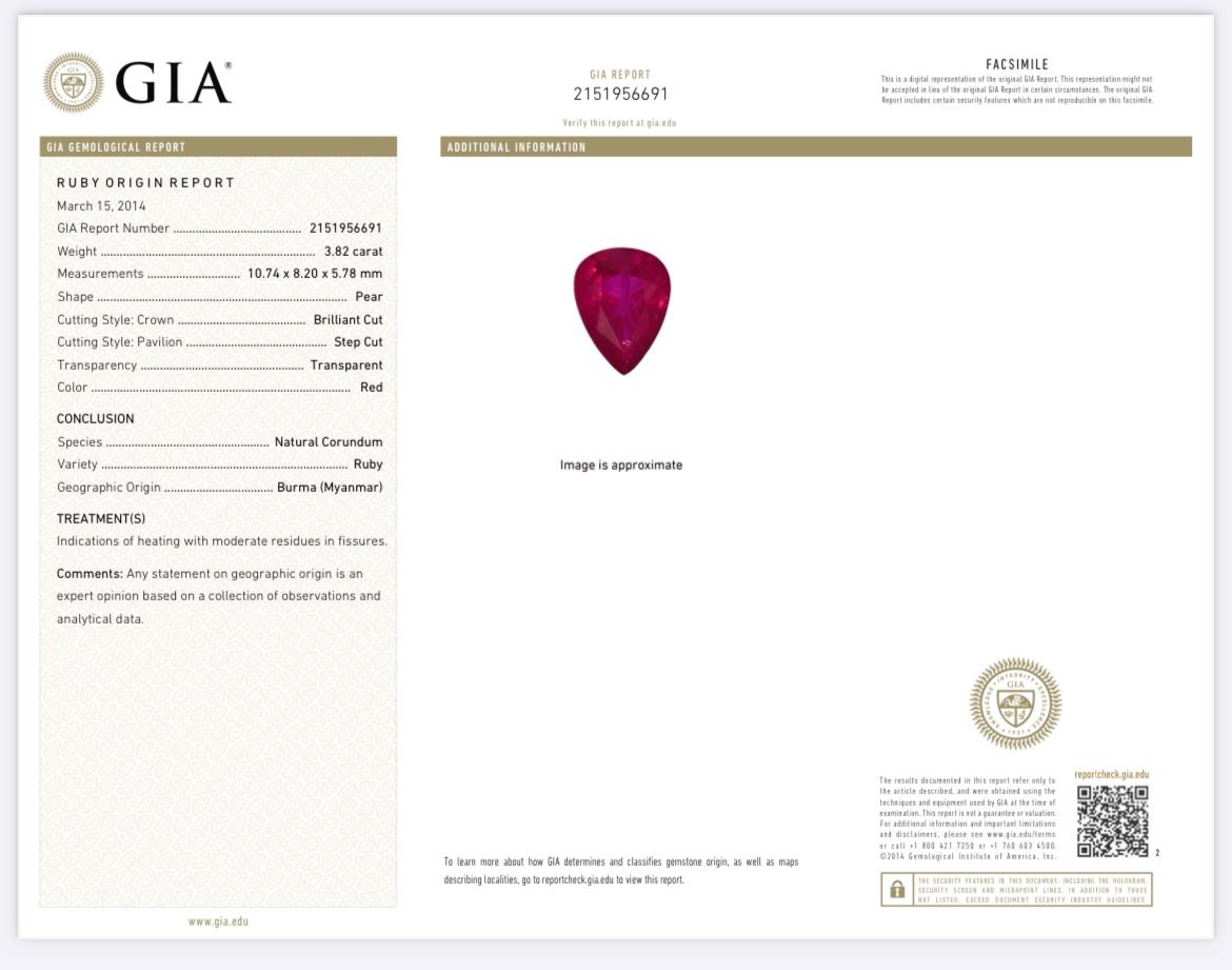 Pear Cut 3.82ct pear-shaped, Burma ruby ring. GIA certified. For Sale