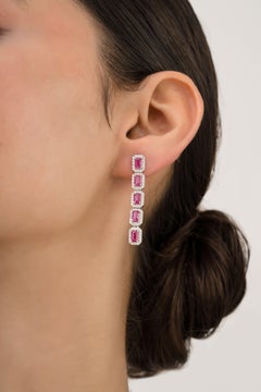 Pendientes colgantes con halo de diamantes y rubí rosa de 3,82 ct Joyería fina Oro blanco de 14 quilates