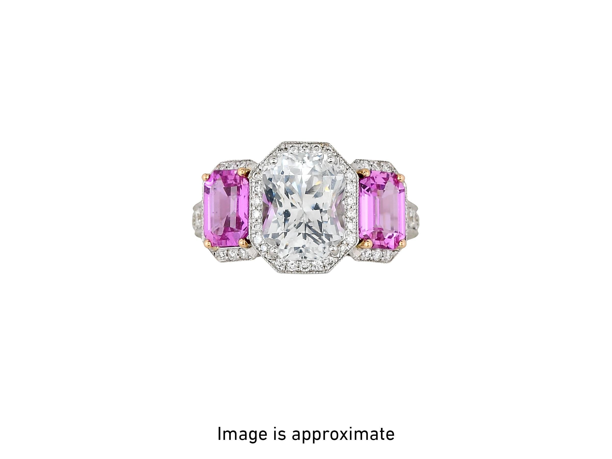 Modern 3.82ct white sapphire with 2.25ct pink sapphires in 18K bridal ring. For Sale