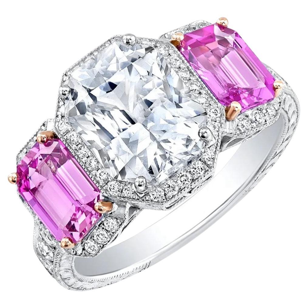 3.82ct white sapphire with 2.25ct pink sapphires in 18K bridal ring. For Sale