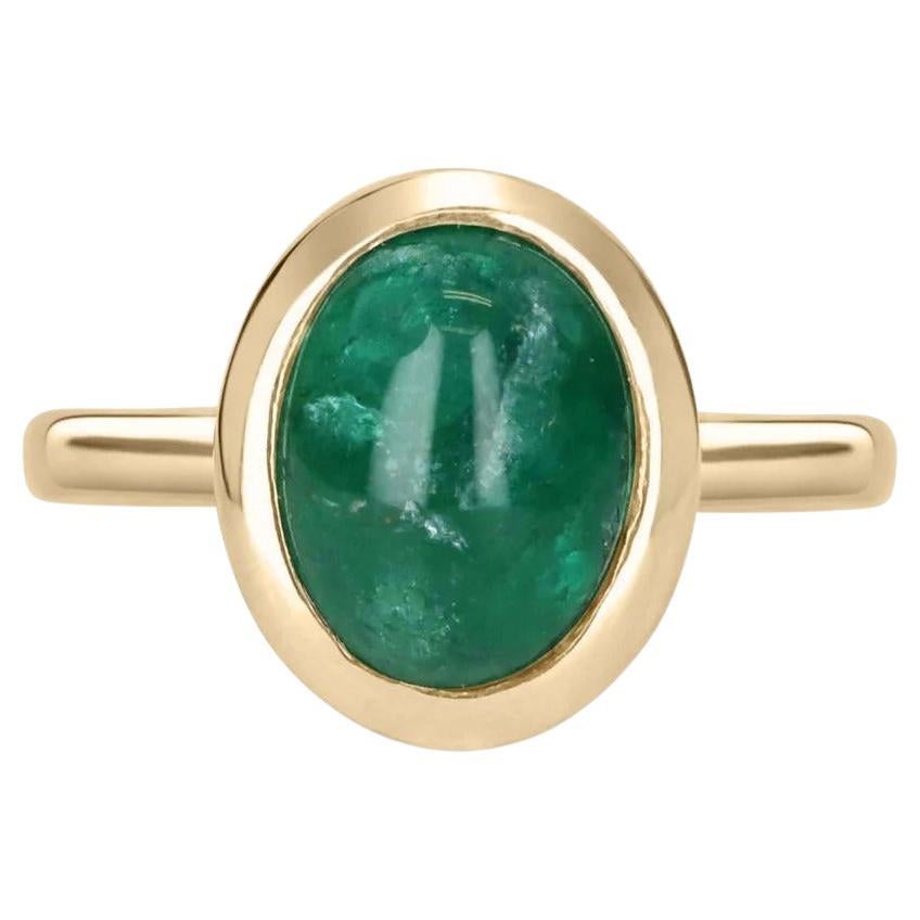 3.82cts 14K Natural Emerald Cabochon-Oval Cut Solitaire Gold Ring