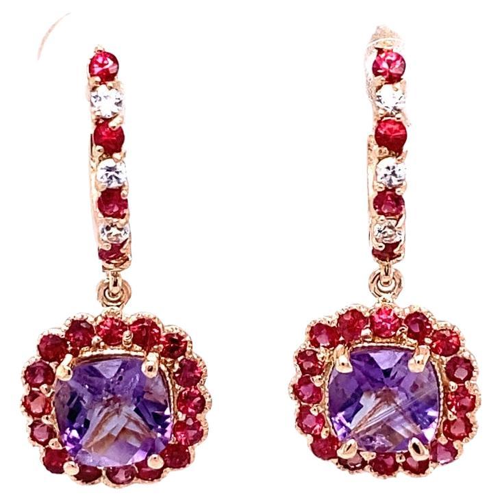 Pendants d'oreilles en or rose 3,83 carats améthyste saphir en vente