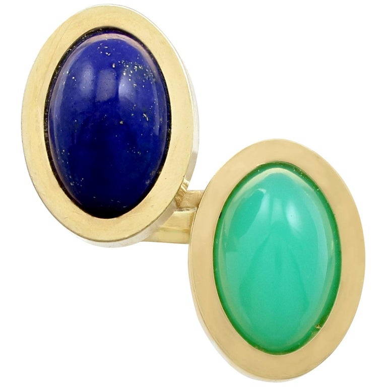 3.83 Carat Chrysoprase and 4.02 Carat Lapis Lazuli Yellow Gold Cocktail Ring In Excellent Condition For Sale In Jesmond, Newcastle Upon Tyne