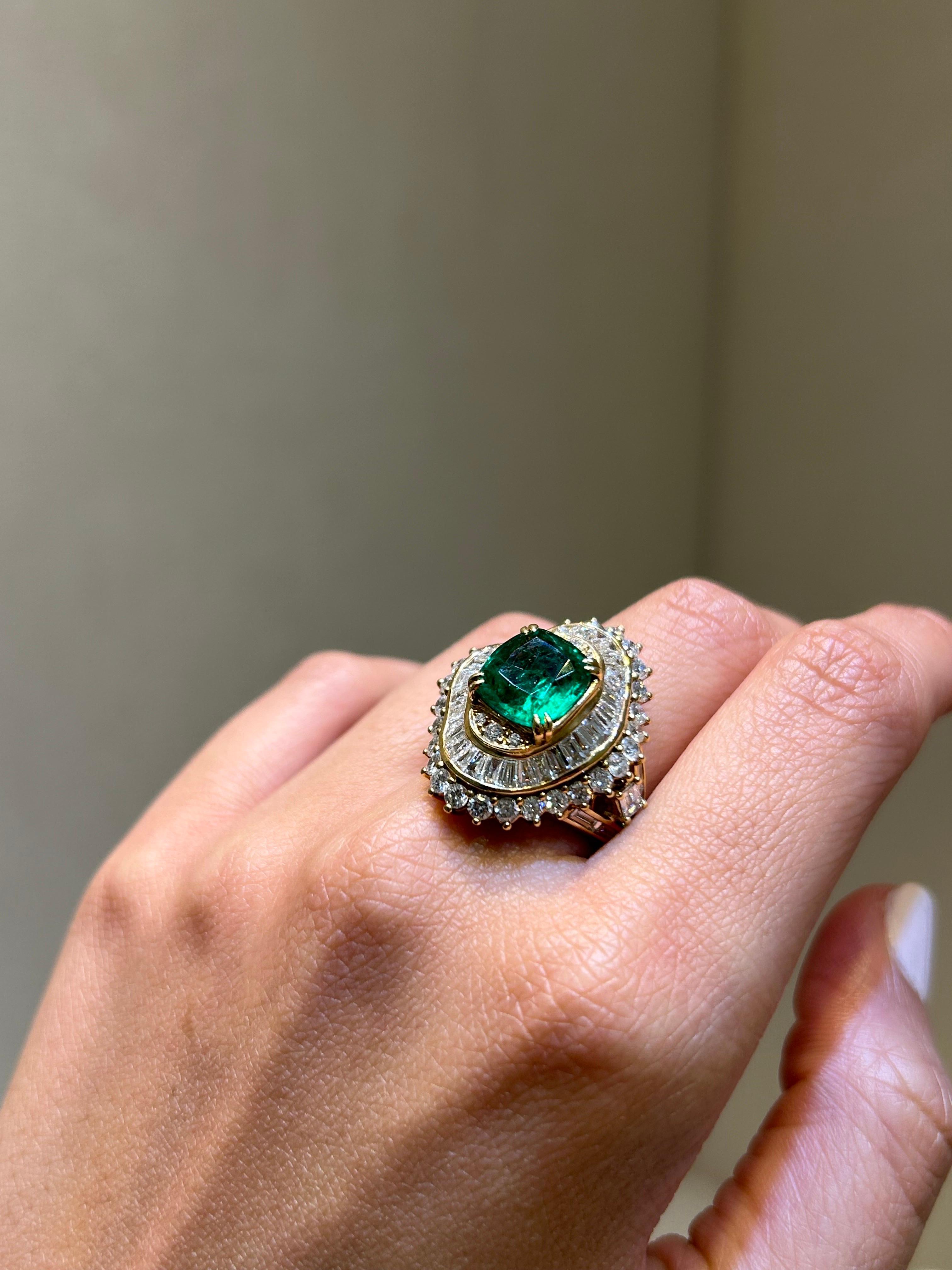 Art Deco 3.83 Carat Cushion Shape Emerald and Diamond Cocktail Ring For Sale