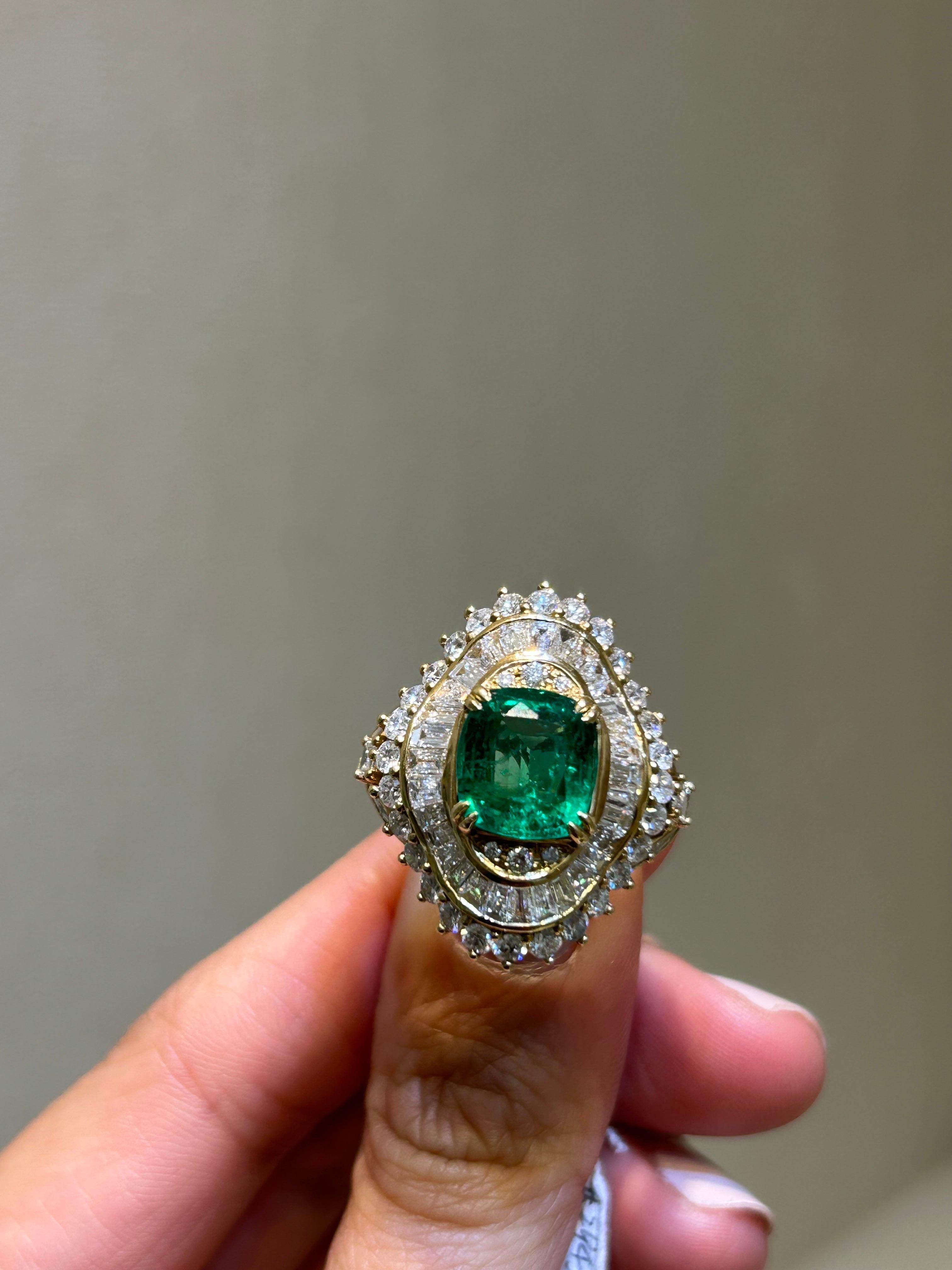 3.83 Carat Cushion Shape Emerald and Diamond Cocktail Ring For Sale 1