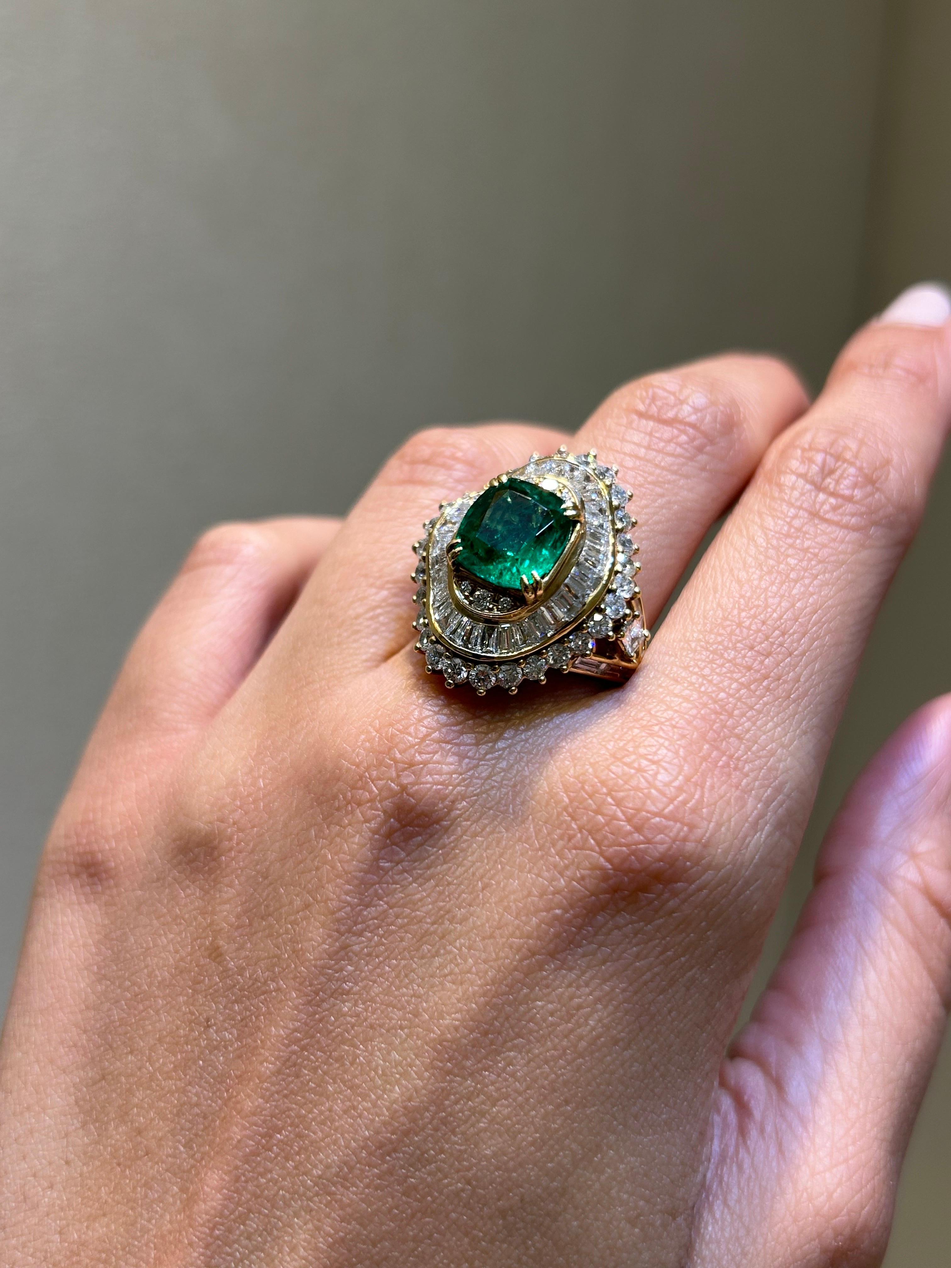 3.83 Carat Cushion Shape Emerald and Diamond Cocktail Ring For Sale 2