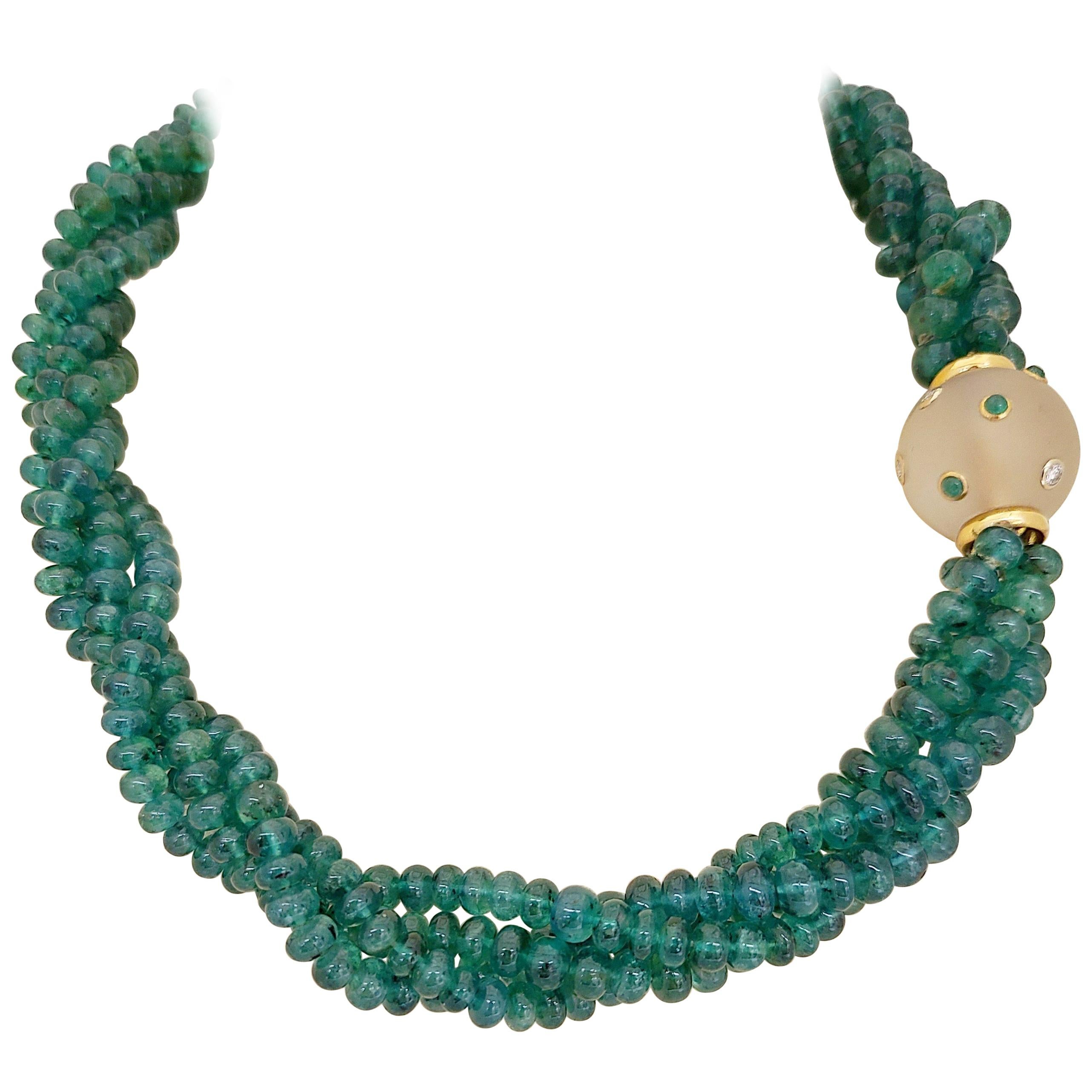 3.83 Carat Four Strand Natural Emerald Bead Necklace with Frosted Crystal Clasp For Sale