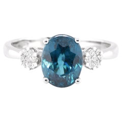 3.83 Carat Natural Blue Zircon and Diamond Ring Set in 18 Karat White Gold