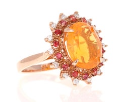 3.83 Carat Oval Cut Fire Opal Sapphire Diamond Yellow Gold Cocktail Ring