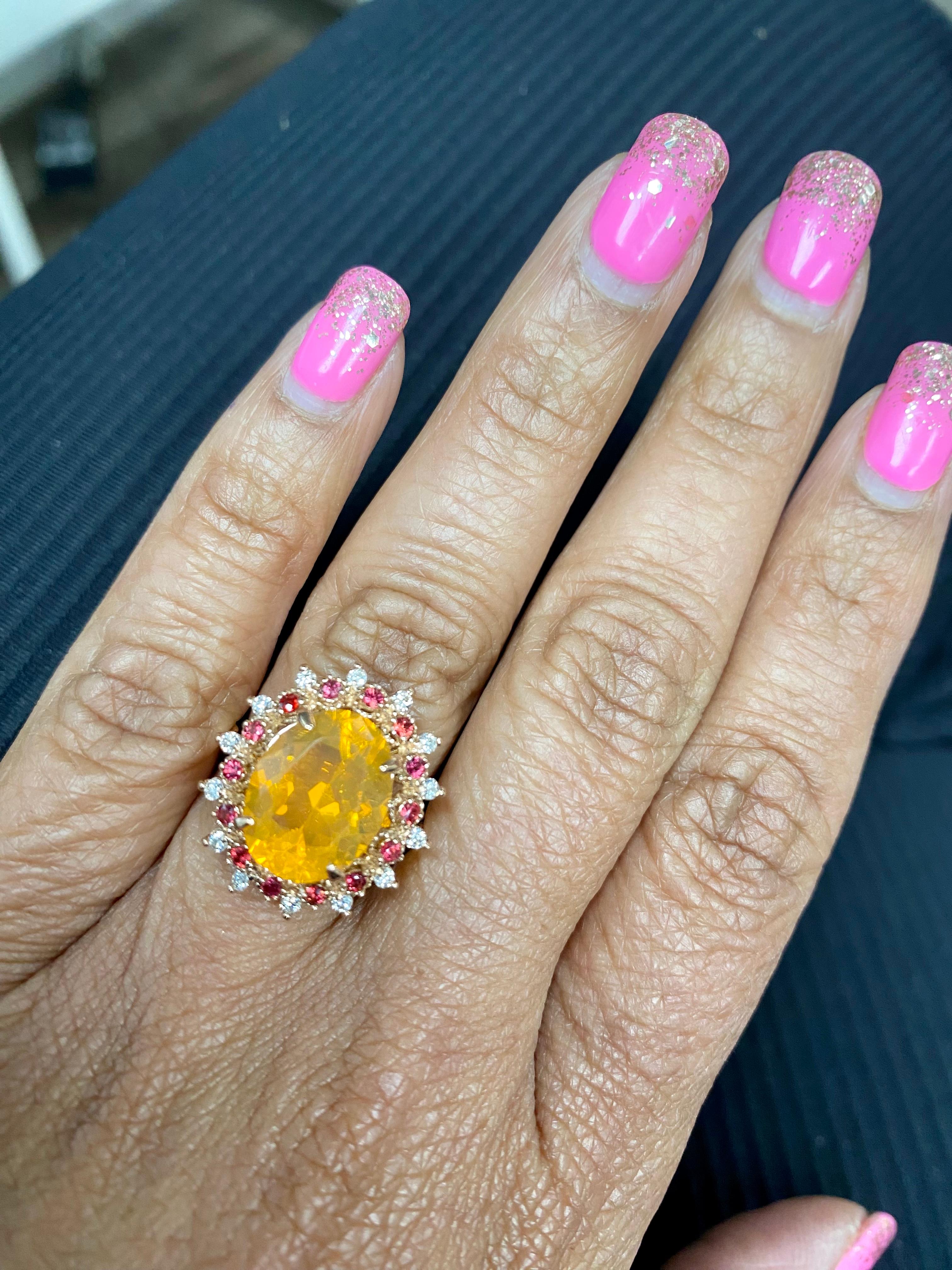 3.83 Carat Oval Cut Fire Opal Sapphire Diamond Yellow Gold Cocktail Ring In New Condition For Sale In Los Angeles, CA