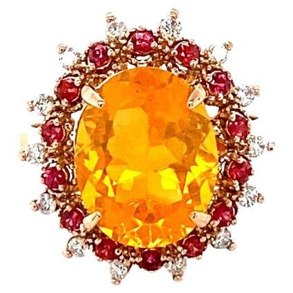 3.83 Carat Oval Cut Fire Opal Sapphire Diamond Yellow Gold Cocktail Ring For Sale