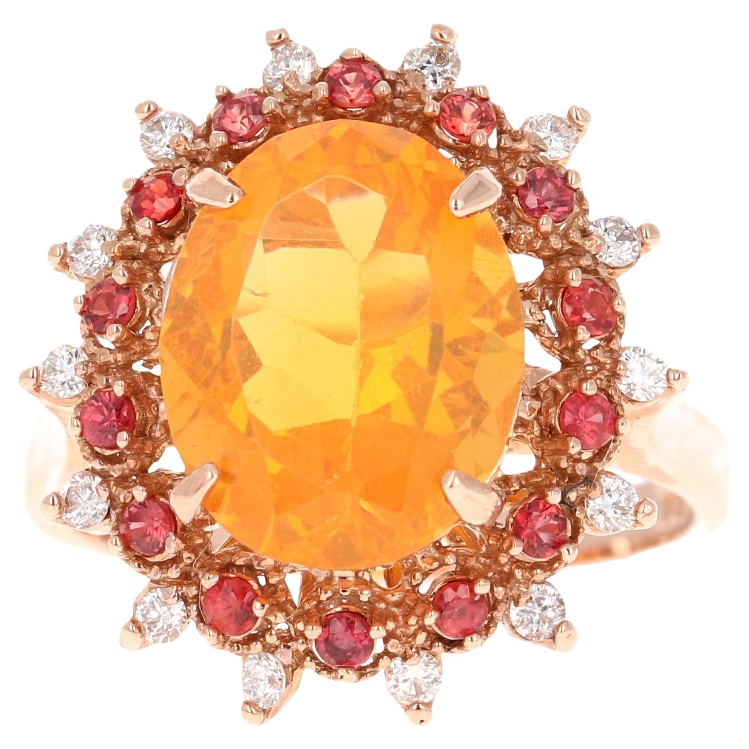 3.83 Carat Oval Cut Fire Opal Sapphire Diamond Yellow Gold Cocktail Ring