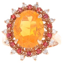 3.83 Carat Oval Cut Fire Opal Sapphire Diamond Yellow Gold Cocktail Ring